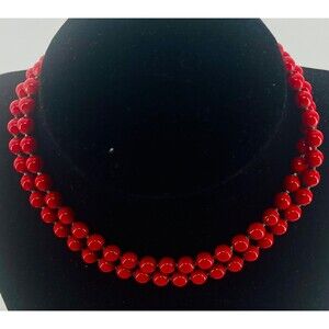 Oops A Daisy Signed Red Enamel Necklace Ball Chain Vintage Beads 25" Strand